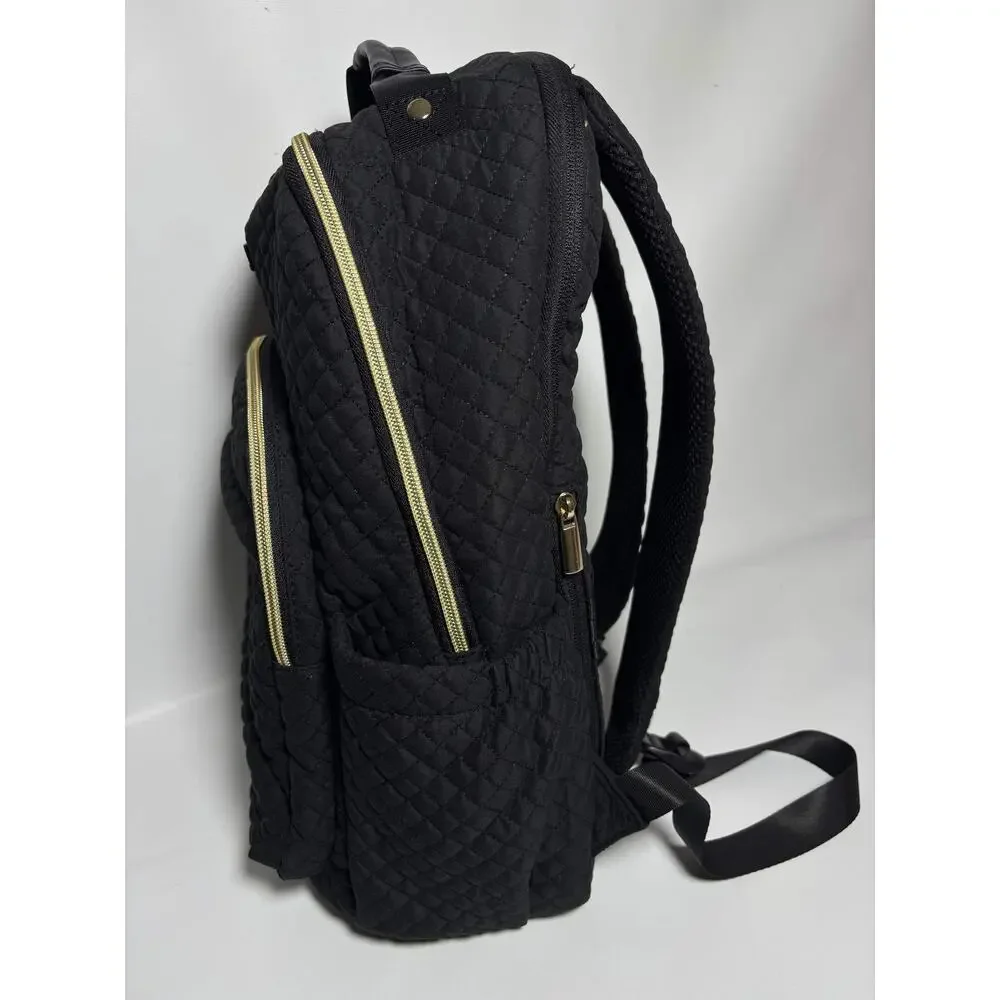 Light Flight Black Quilted Backpack Gold Zipper Travel School Bag